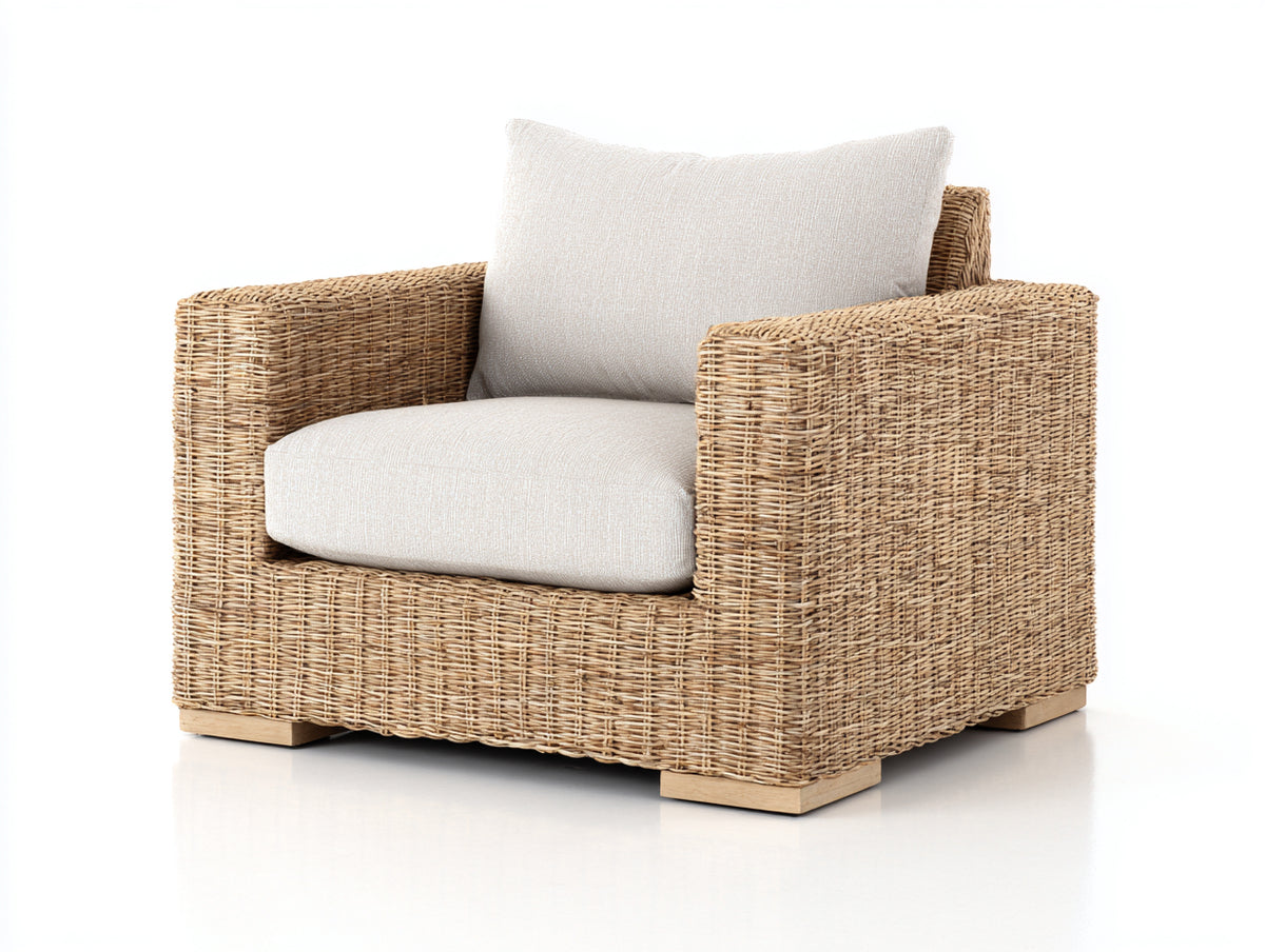 Fauteuil de jardin - Rotin tressé-tissu-bois - 92 x 87 x 80 cm - Naturel-Crème - Style contemporain