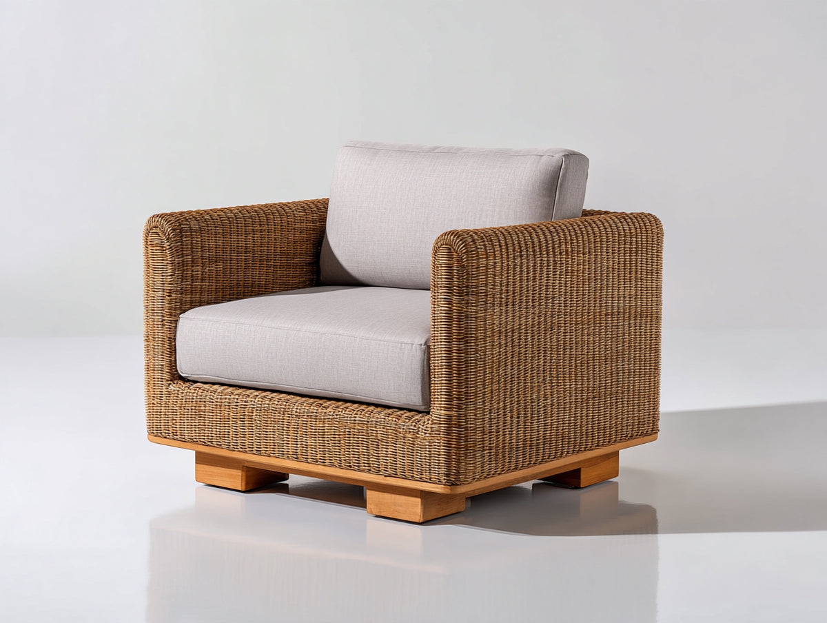 Fauteuil de jardin - Rotin tressé-tissu-bois - 95 x 90 x 80 cm - Marron-Gris clair - Style contemporain
