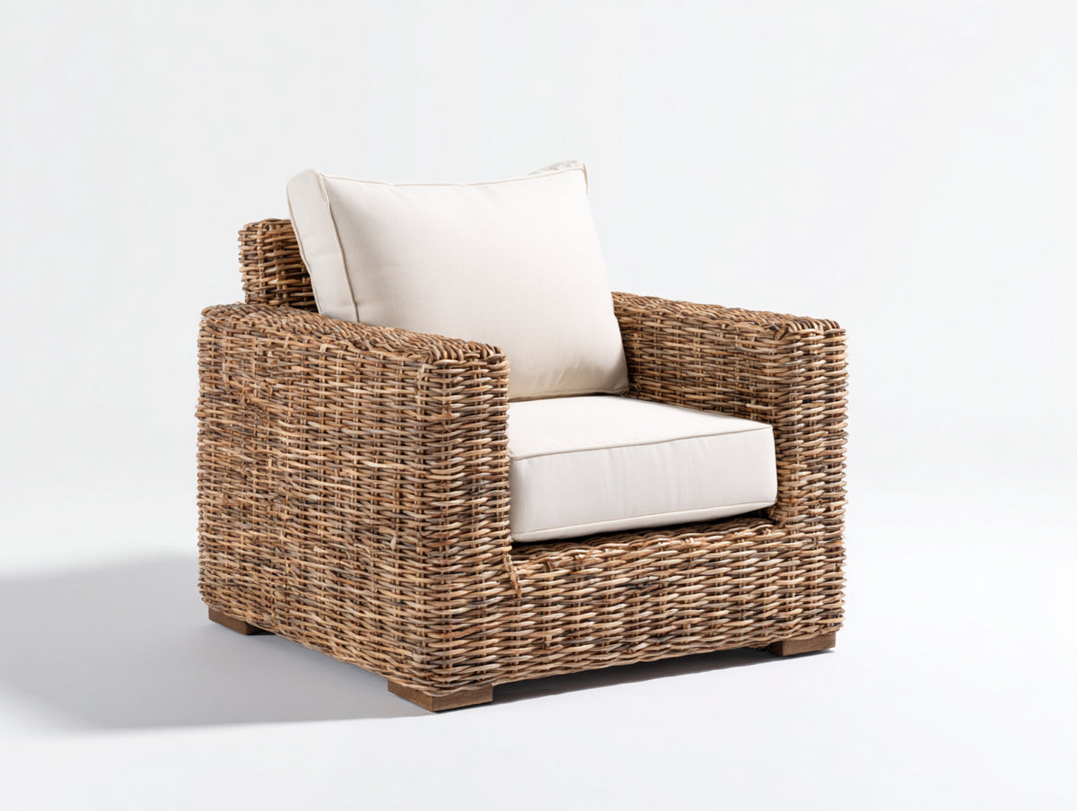 Fauteuil de jardin - Rotin tressé-tissu-bois - 93 x 89 x 81 cm - Naturel-Crème - Style contemporain
