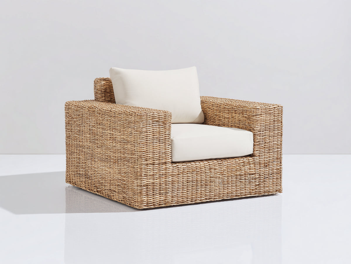Fauteuil de jardin - Rotin tressé-tissu - 96 x 88 x 80 cm - Naturel-Crème - Style contemporain