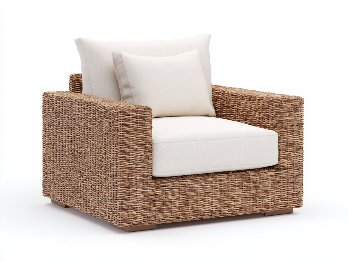 Fauteuil de jardin - Rotin tressé-tissu-bois - 100 x 92 x 84 cm - Naturel-Crème - Style contemporain