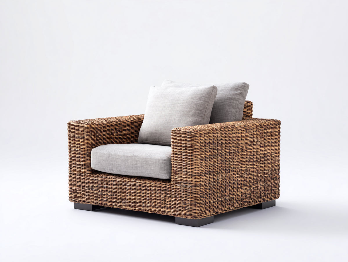 Fauteuil de jardin - Rotin tressé-tissu - 95 x 89 x 81 cm - Marron-Gris clair - Style contemporain
