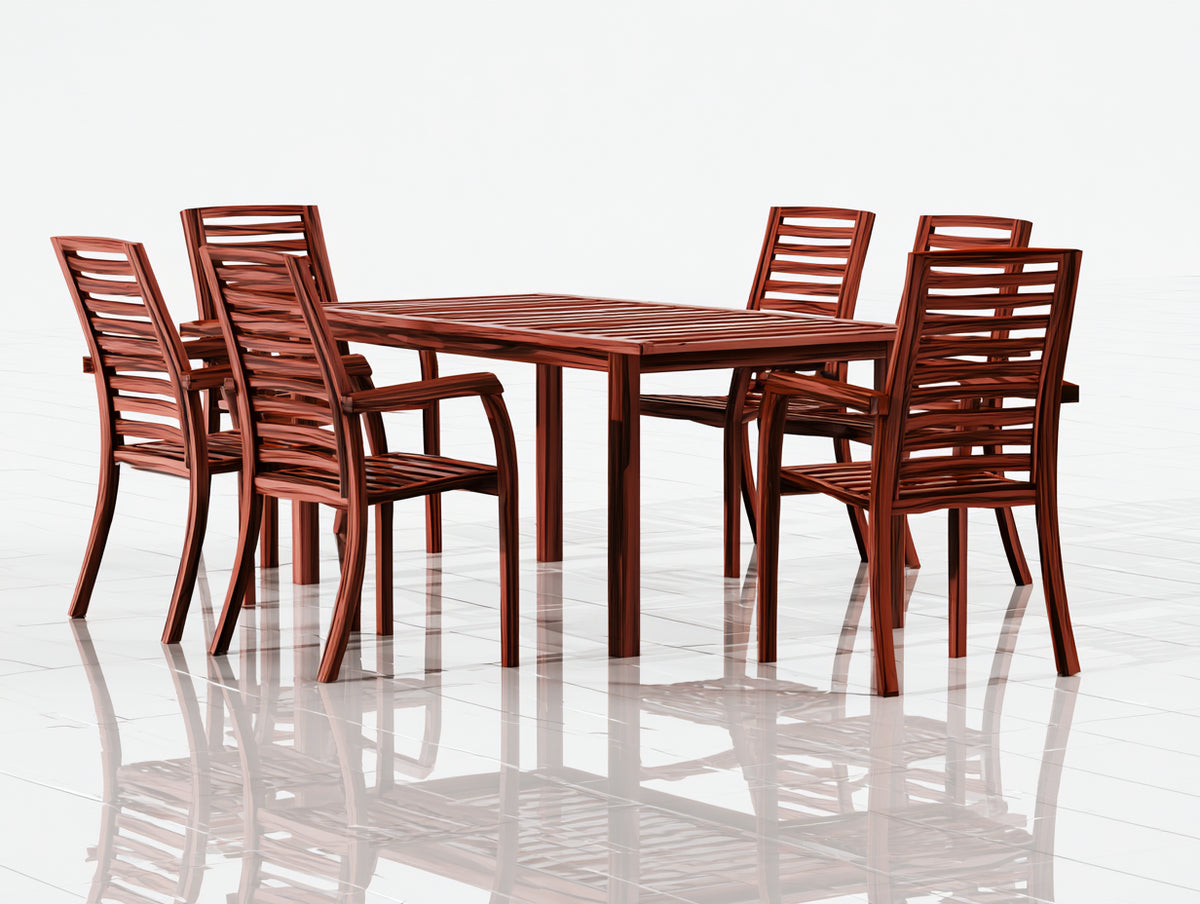 Salon de jardin repas - Bois - 185x90x75 cm - Brun rouge - Style contemporain à lattes