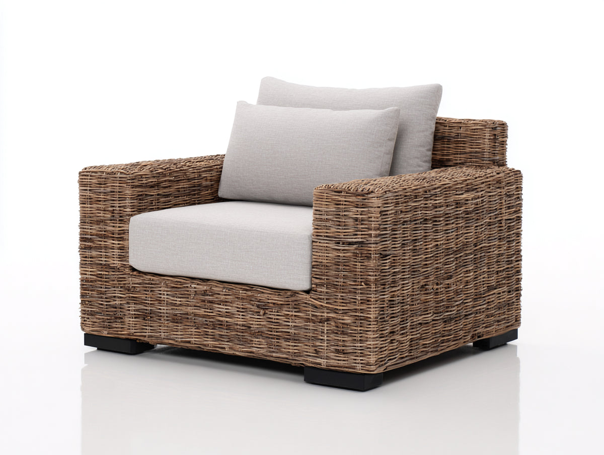 Fauteuil de jardin - Rotin tressé-tissu - 98 x 92 x 83 cm - Brun-Grège - Style contemporain