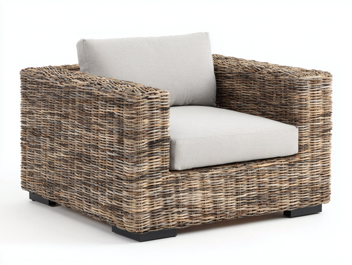Fauteuil de jardin - Rotin tressé-tissu - 97 x 91 x 80 cm - Brun grisé-Grège - Style contemporain