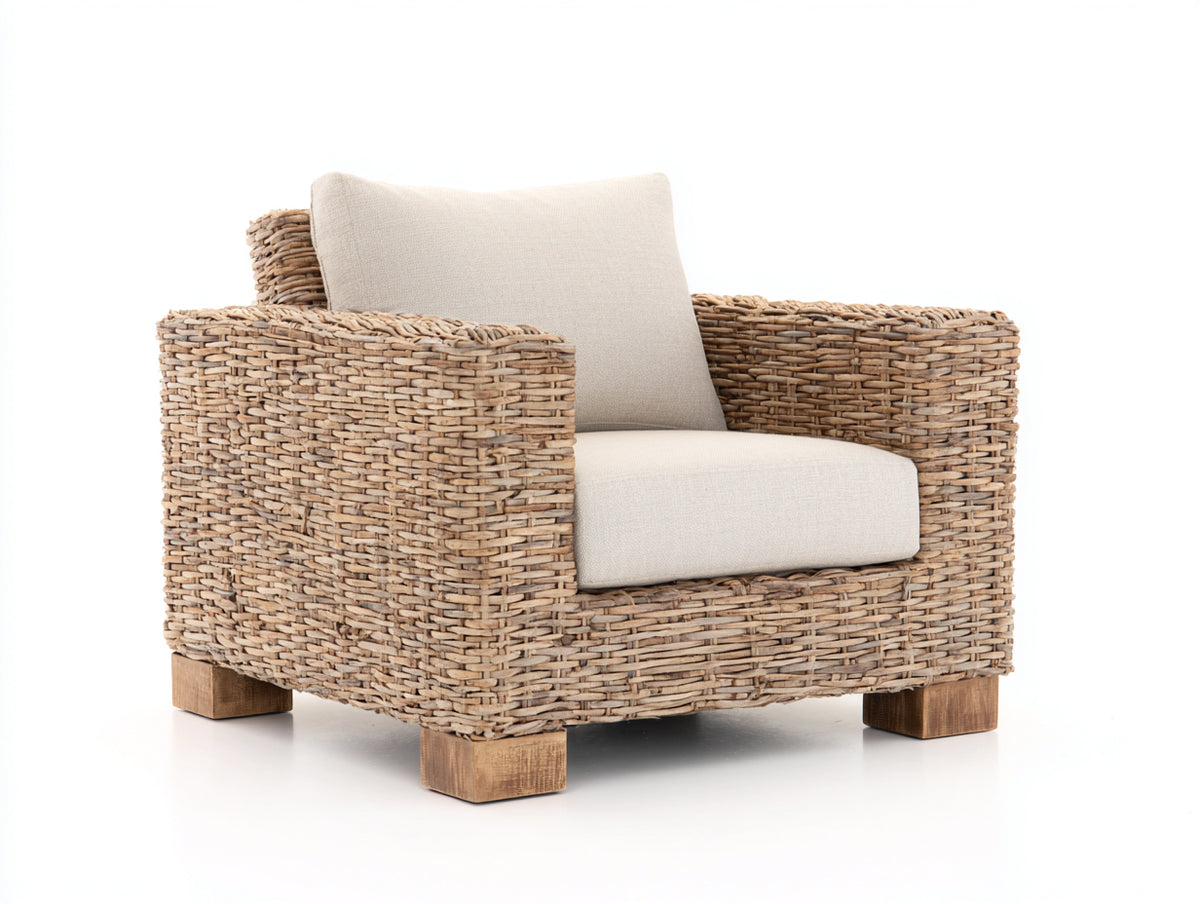 Fauteuil de jardin - Rotin tressé-tissu-bois - 102 x 96 x 85 cm - Naturel-Crème - Style contemporain