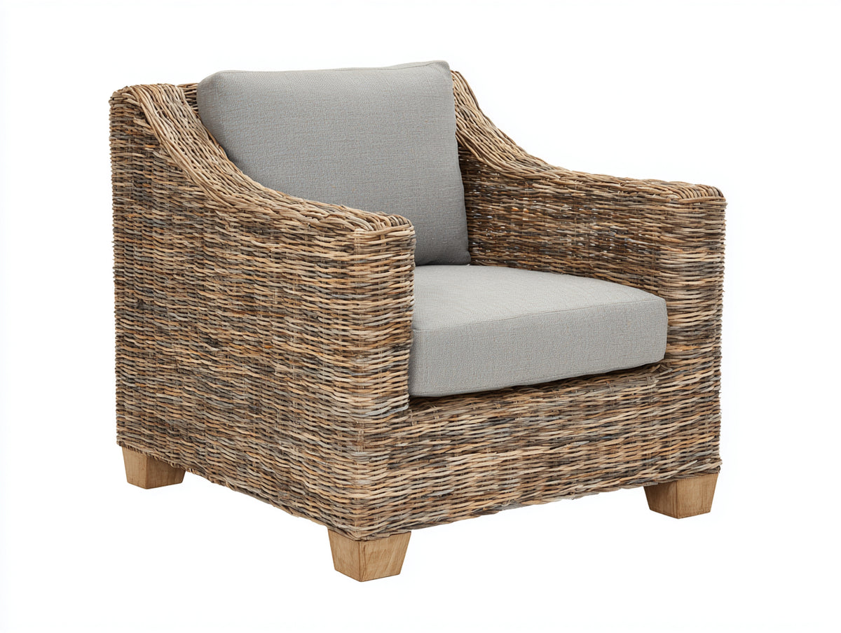 Fauteuil de jardin - Rotin tressé-tissu-bois - 99 x 93 x 95 cm - Marron-Gris clair - Style naturel