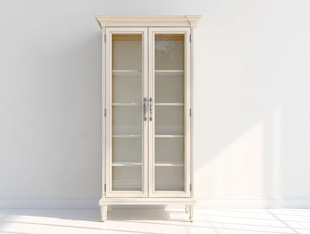 Vitrine - Bois-Verre - 85 x 40 x 190 cm - Ivoire clair - Style classique français