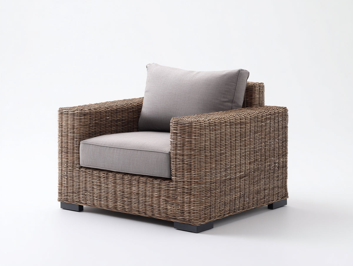 Fauteuil de jardin - Rotin tressé-tissu - 96 x 90 x 82 cm - Marron-Gris clair - Style contemporain