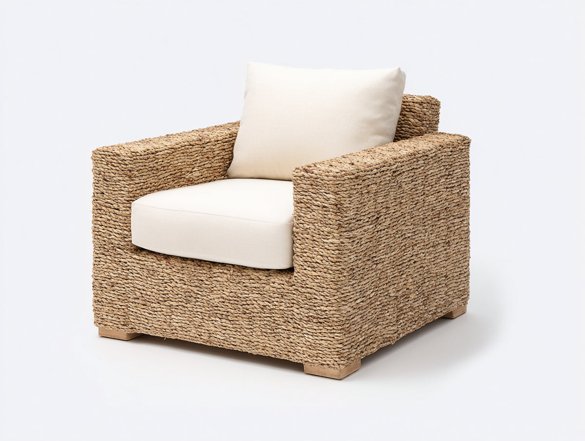 Fauteuil de jardin - Rotin tressé-tissu-bois - 98 x 92 x 97 cm - Naturel-Blanc cassé - Style naturel