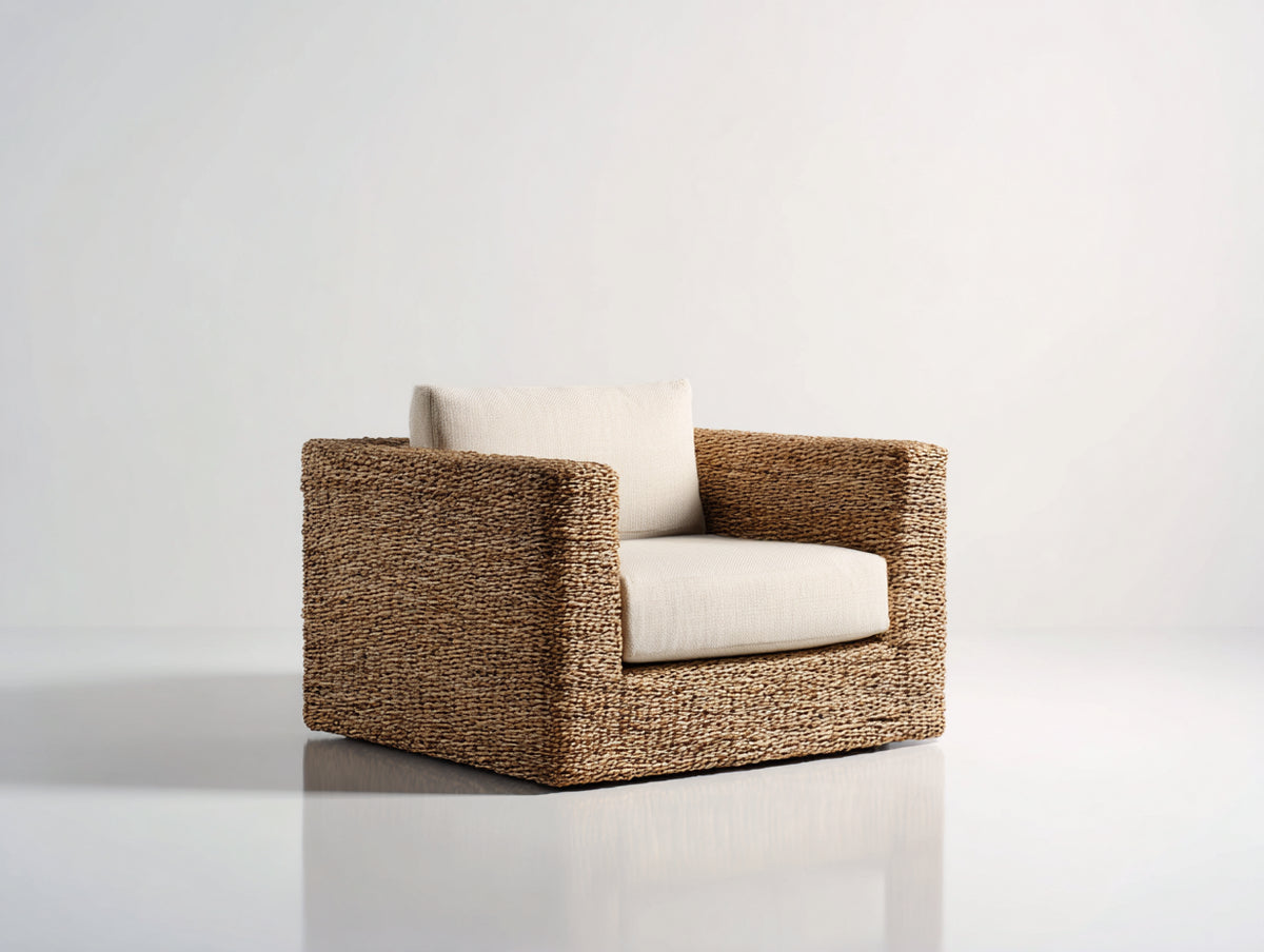 Fauteuil de jardin - Rotin tressé-tissu - 94 x 86 x 76 cm - Naturel-Crème - Style contemporain