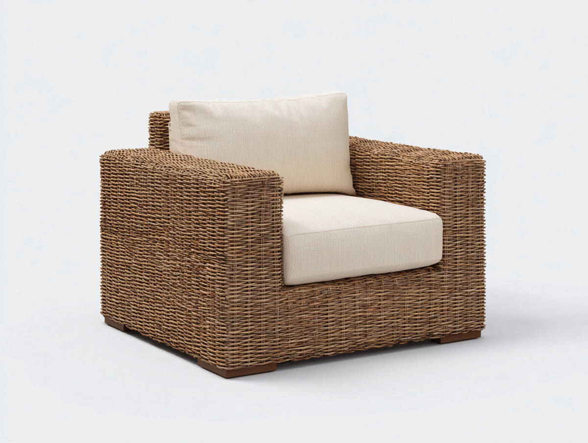 Fauteuil de jardin - Rotin tressé-tissu-bois - 98 x 90 x 82 cm - Marron-Crème - Style naturel