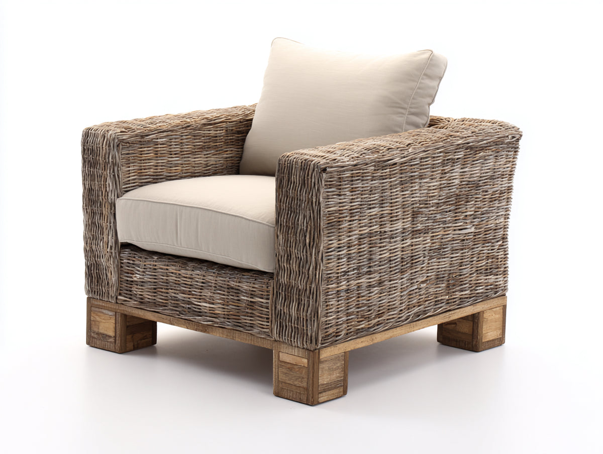 Fauteuil de jardin - Rotin tressé-tissu-bois - 101 x 95 x 86 cm - Naturel-Crème - Style contemporain