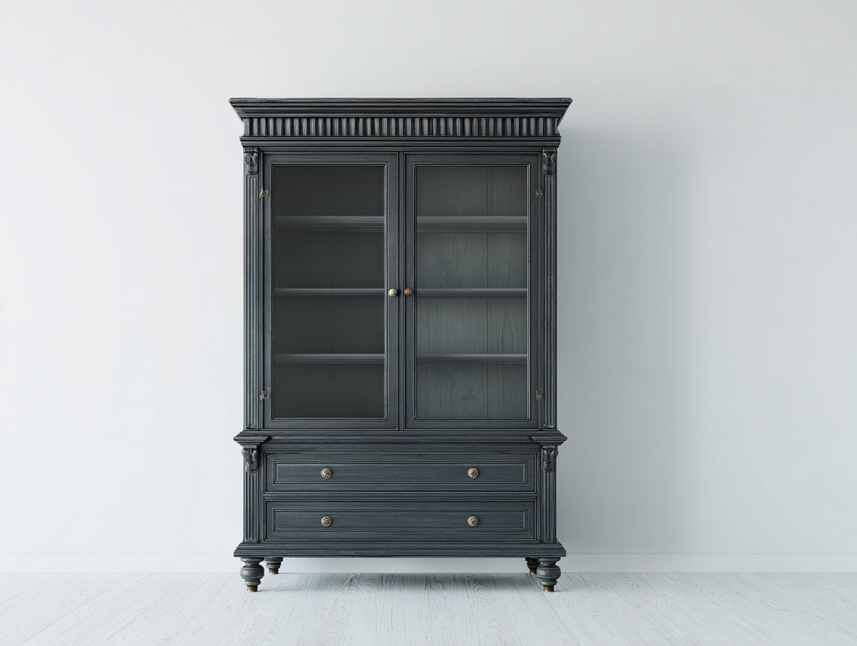 Vitrine - Bois-Verre - 110 x 45 x 195 cm - Gris ardoise - Style néoclassique