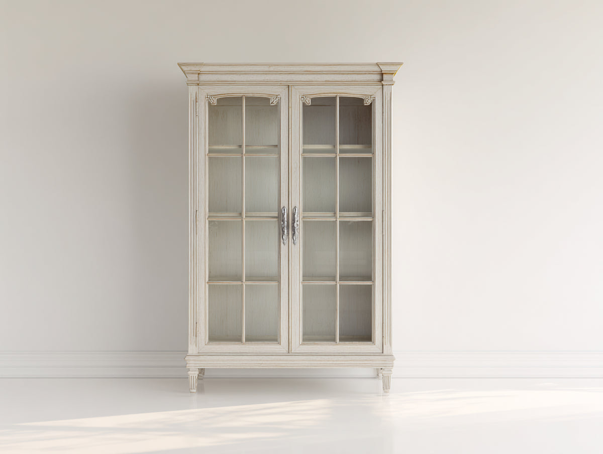 Vitrine - Bois-Verre - 100 x 42 x 190 cm - Ivoire vieilli - Style classique français