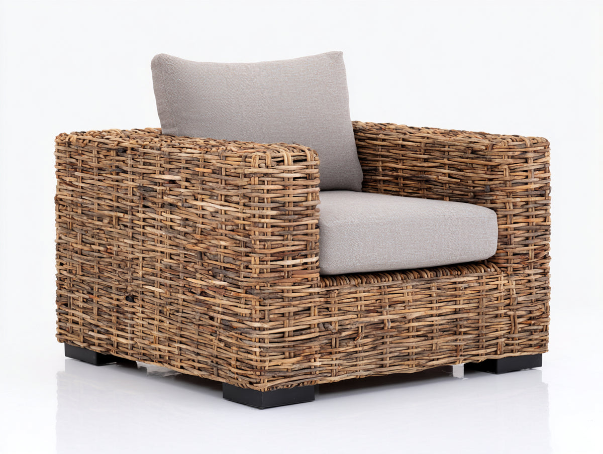Fauteuil de jardin - Rotin tressé-tissu - 96 x 90 x 82 cm - Naturel-Grège - Style rustique contemporain