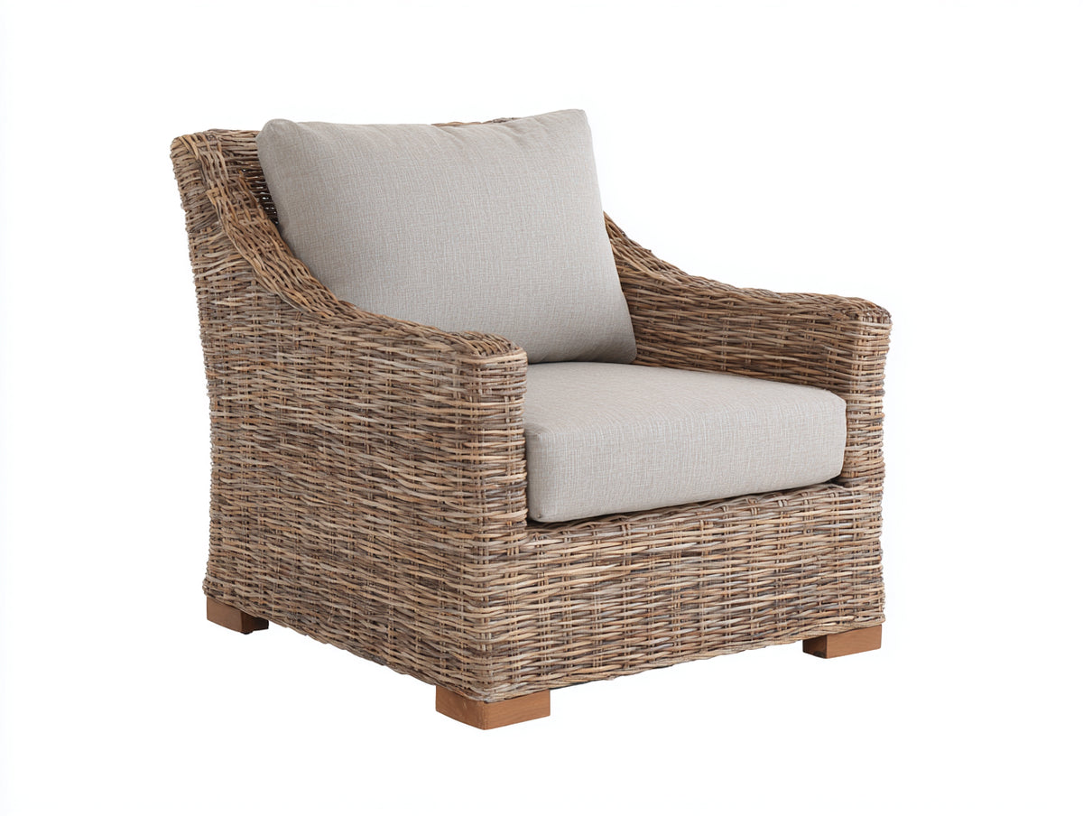 Fauteuil de jardin - Rotin tressé-tissu-bois - 98 x 92 x 97 cm - Naturel-Crème - Style naturel