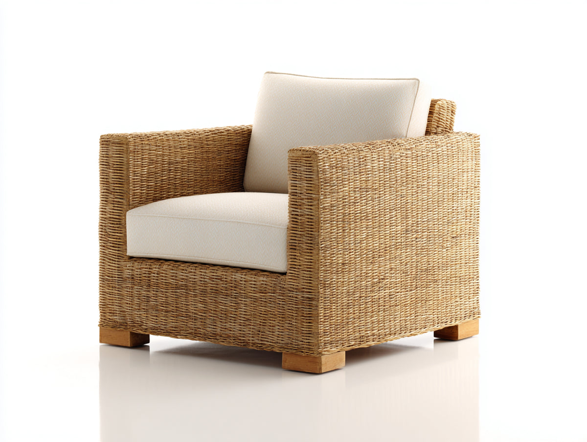 Fauteuil de jardin - Rotin tressé-tissu-bois - 90 x 86 x 79 cm - Naturel-Crème - Style moderne