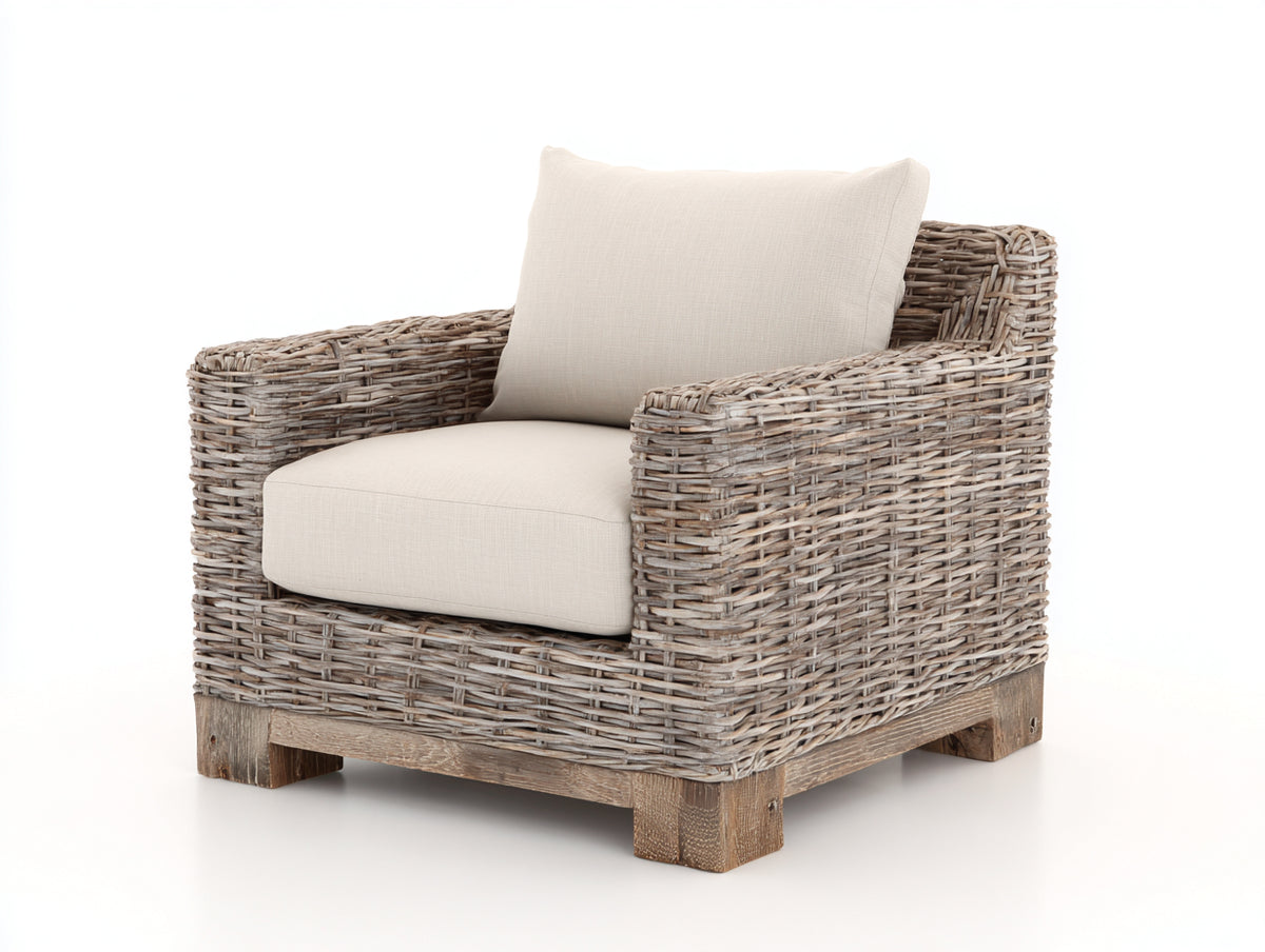 Fauteuil de jardin - Rotin tressé-tissu-bois - 103 x 97 x 86 cm - Naturel-Crème - Style contemporain